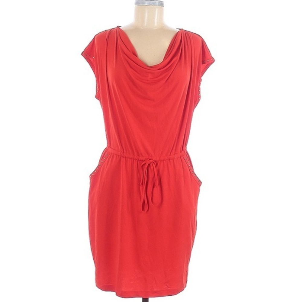 Kensie M red drape neck gold stud short sleeve‎ elastic tie waist pocket dress